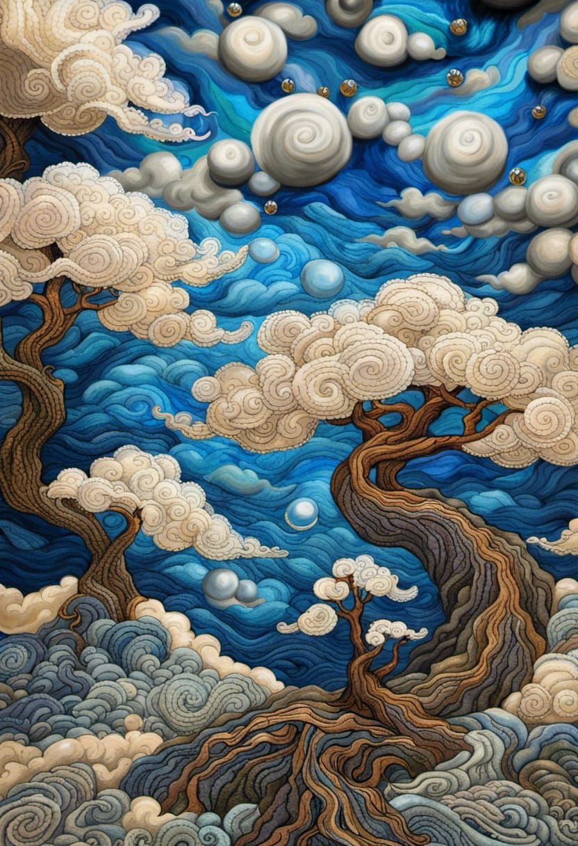 Dreamlike Bonsai Landscape with Swirling Clouds