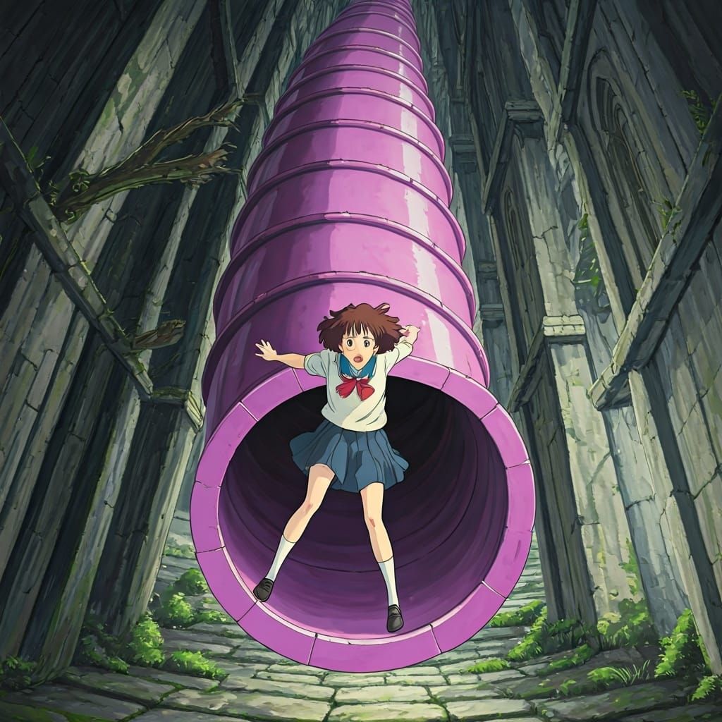 Shizuku on a Purple Slide, Ghibli-Inspired Watercolor