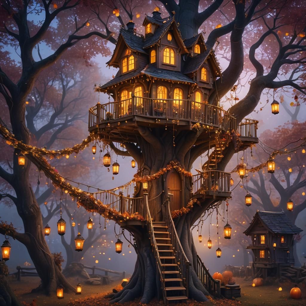 Majestic Autumn Treehouse in Golden Light