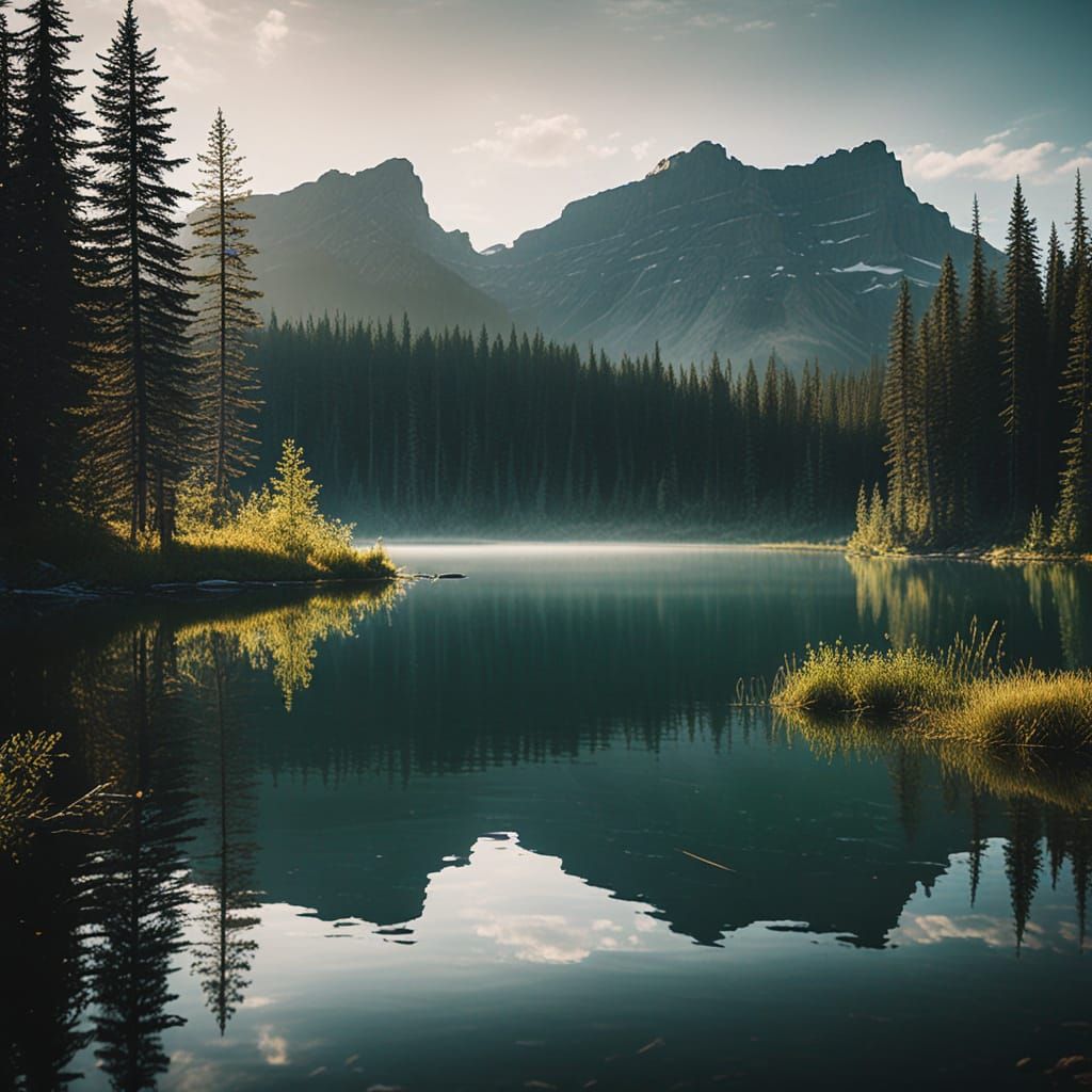 Serene Banff Lake Landscape in Golden Hour