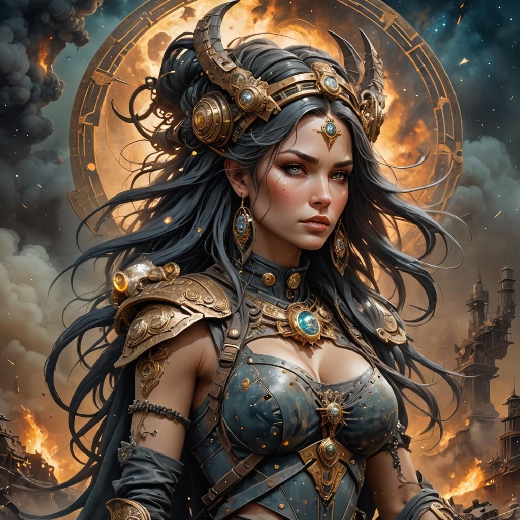 Post-Apocalyptic Virgo with Smoke and Star Decorations