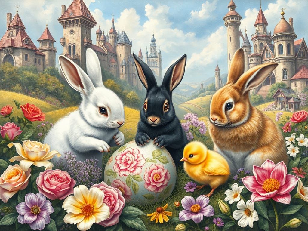 Bunnies Painting Easter Eggs in Whimsical Landscape