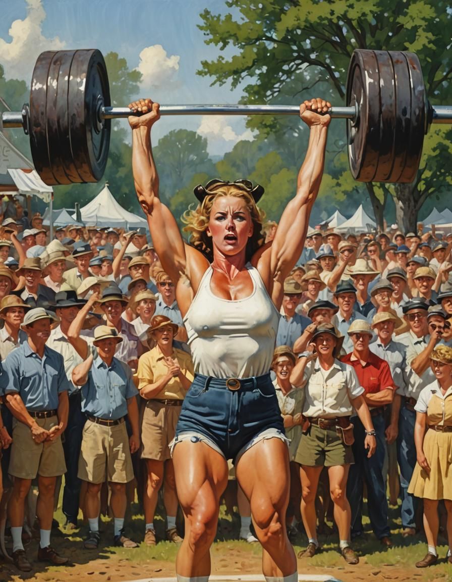 Strong Woman Lifts Barbell in Rockwell Style