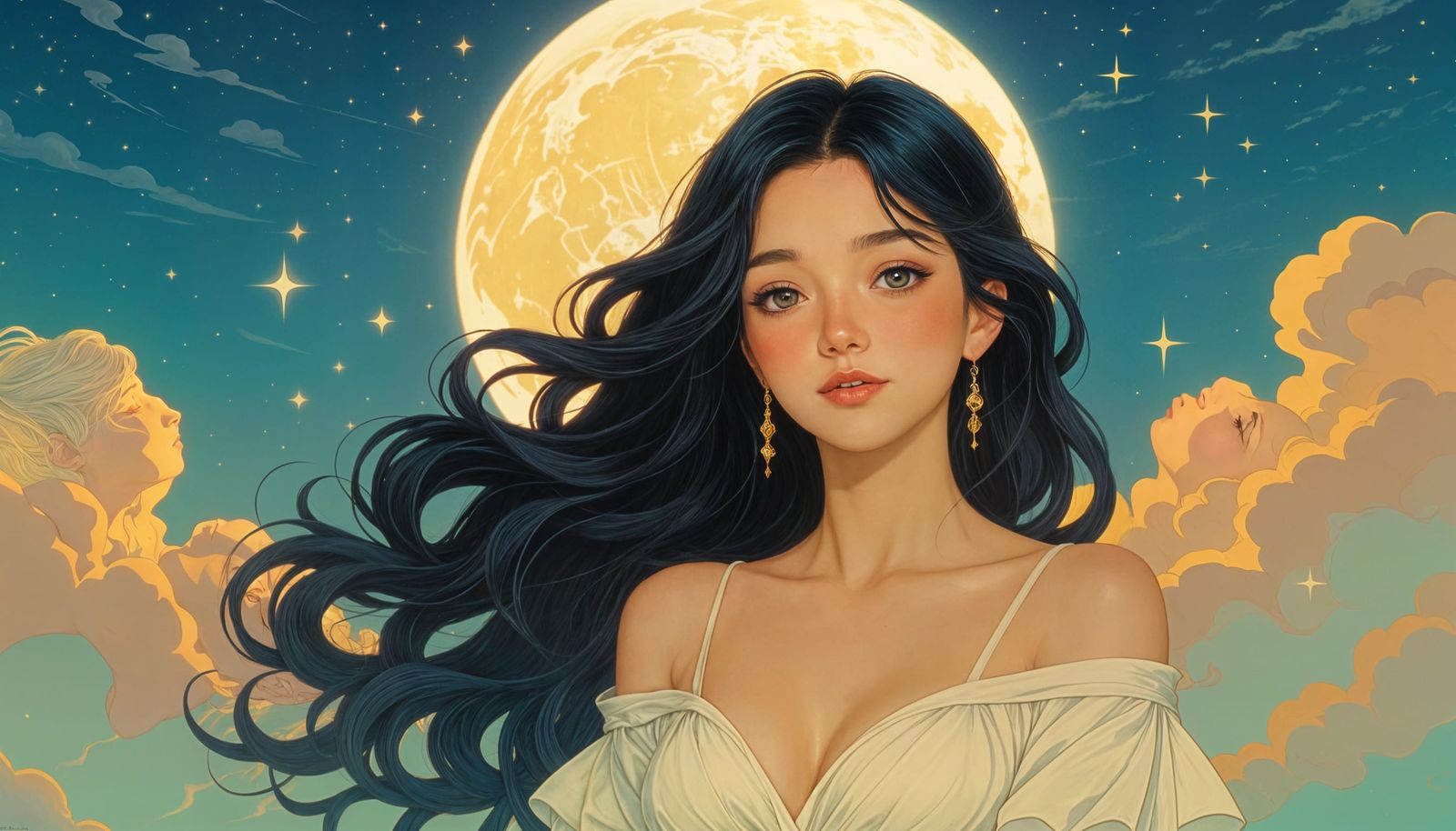Moonlit Goddess with Flowing Hair in Art Nouveau Style