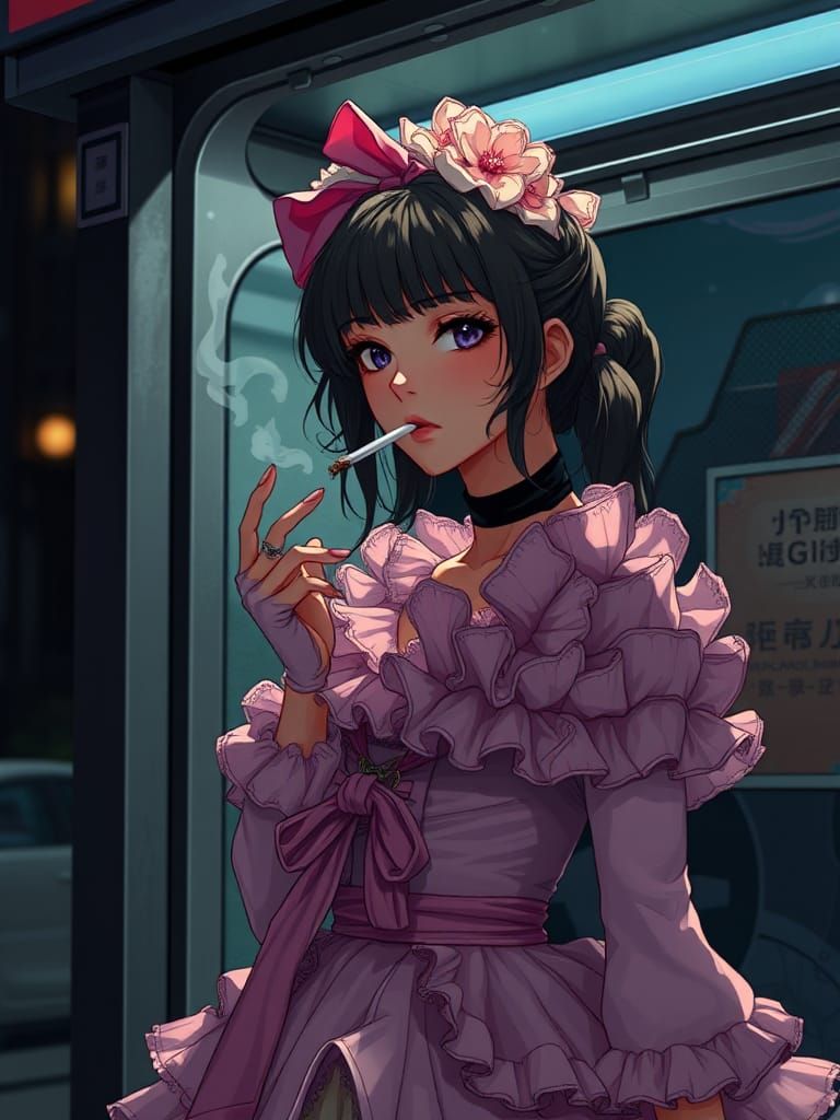 Magical Girl at Grungy Bus Stop in Anime Style