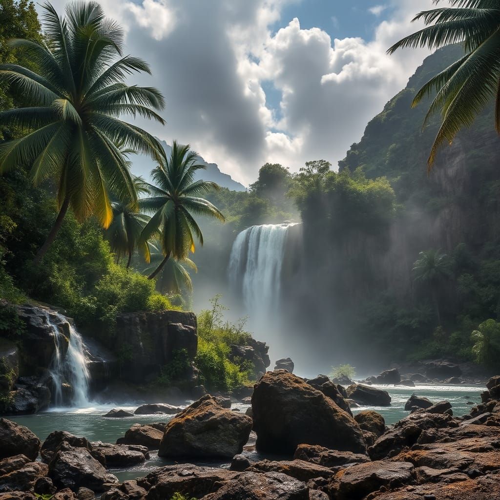 Hyperrealistic Jamaican Landscape with Waterfalls