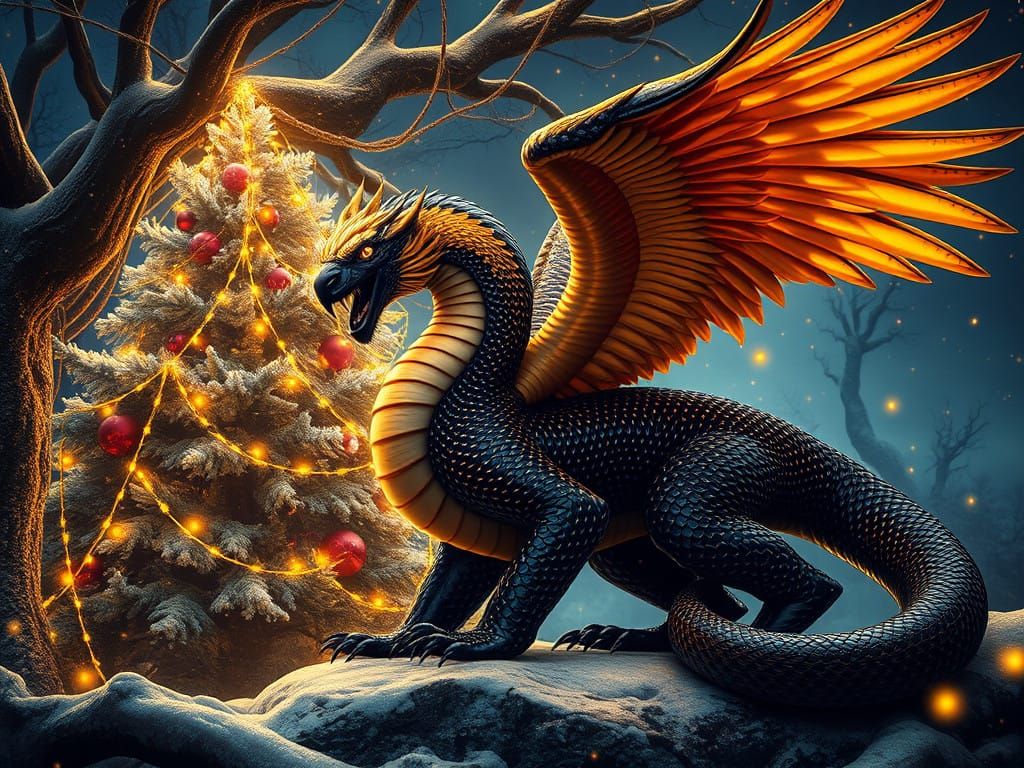 Photorealistic Chimera Under Christmas Tree, in a Fairy Fore...