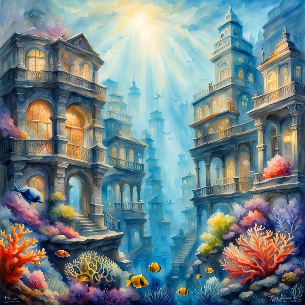 Underwater City: Colorful Marine Life Watercolor Painting