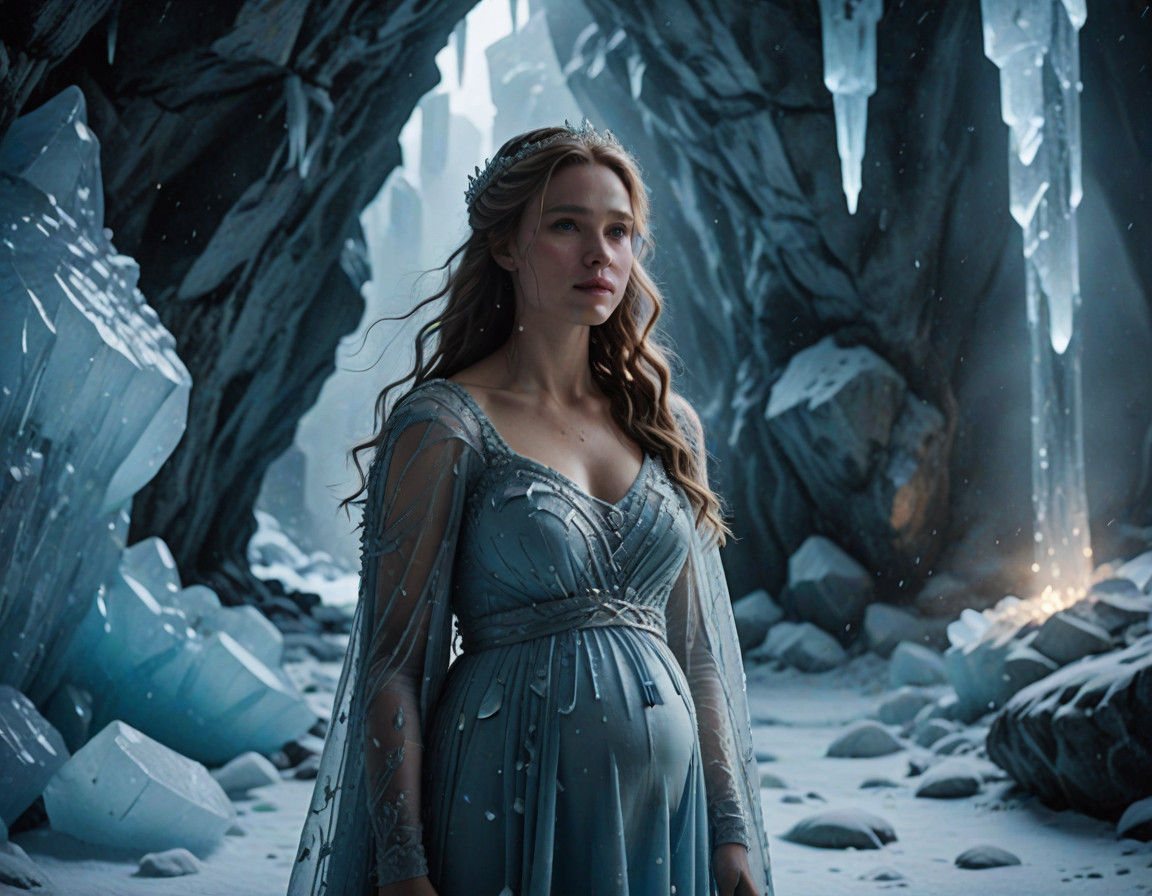 Ethereal Ice Goddess Smiles in Glowing Icy Cavern