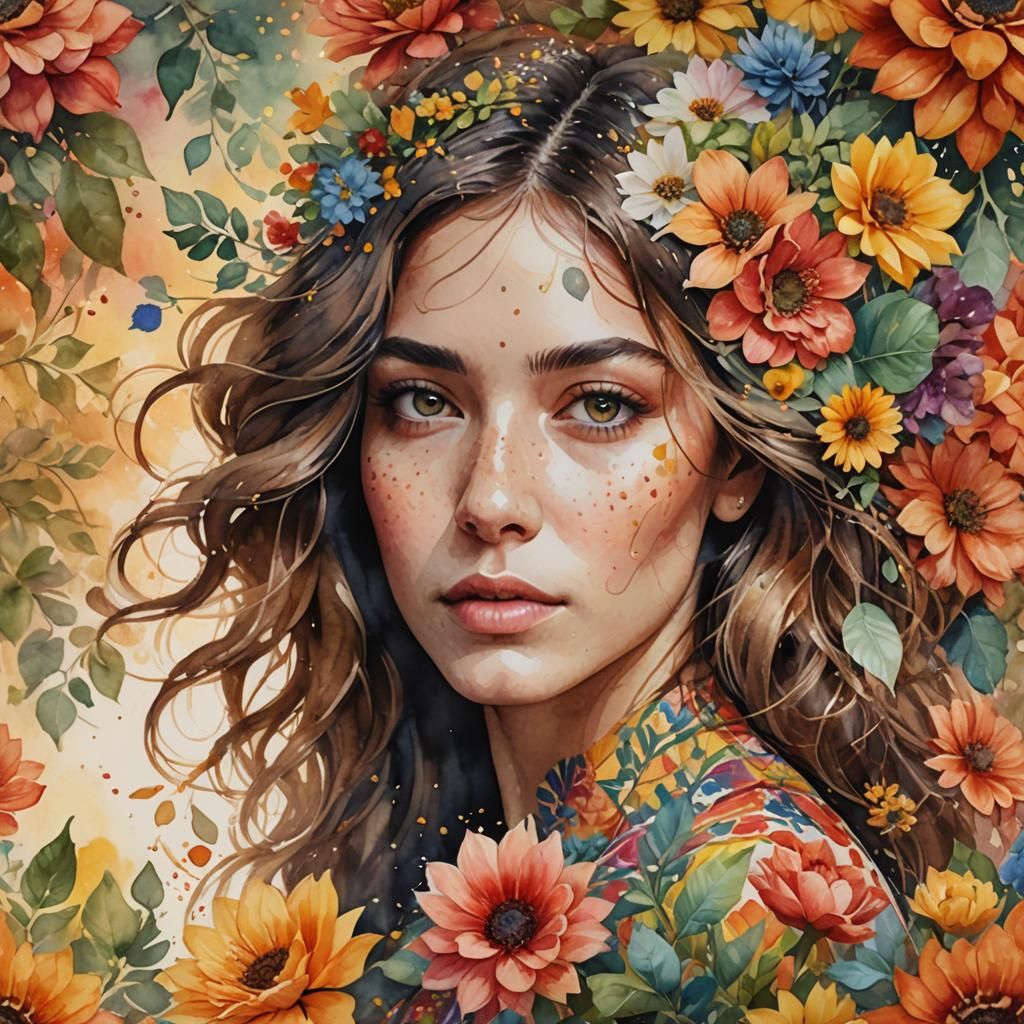 Watercolor Portrait of Woman with Floral Pattern