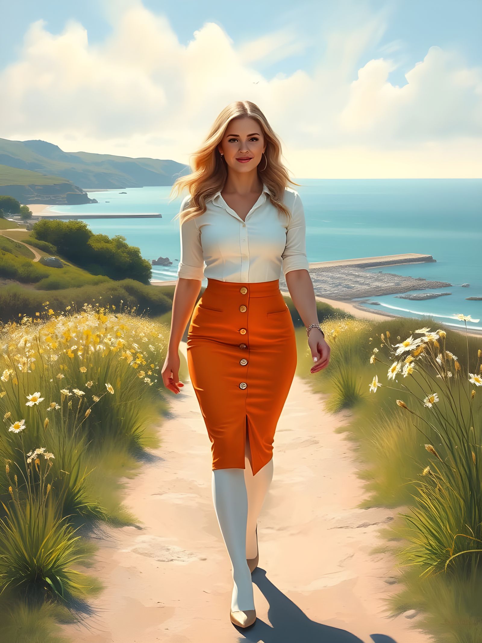 Elegant Woman in Coastal Spring Landscape