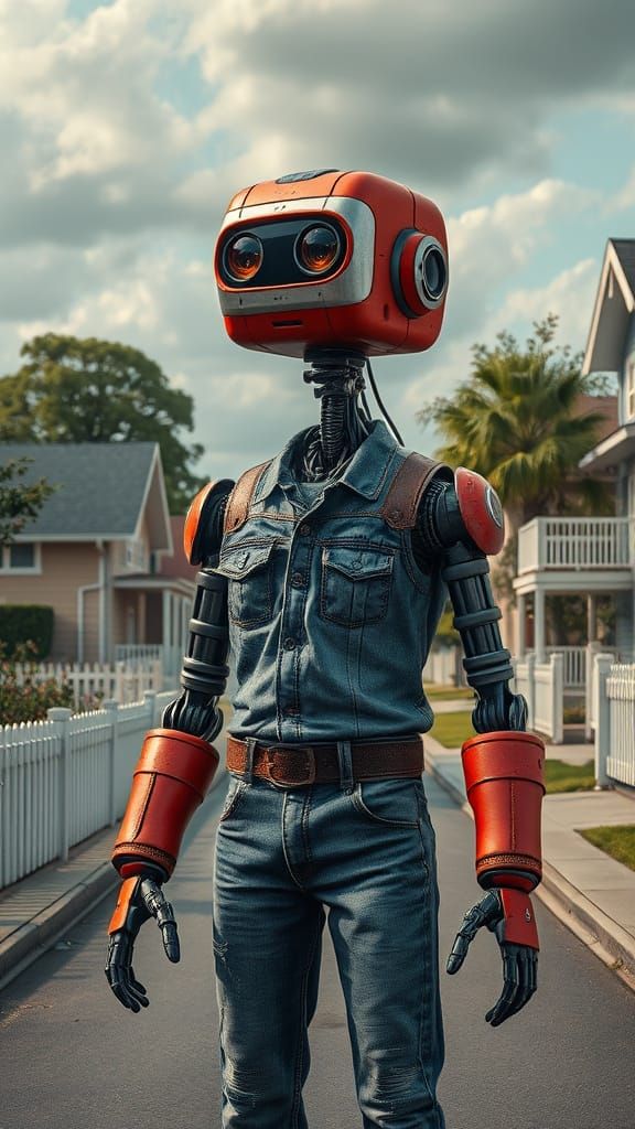 Robot with Toy Head in Social Realism Style