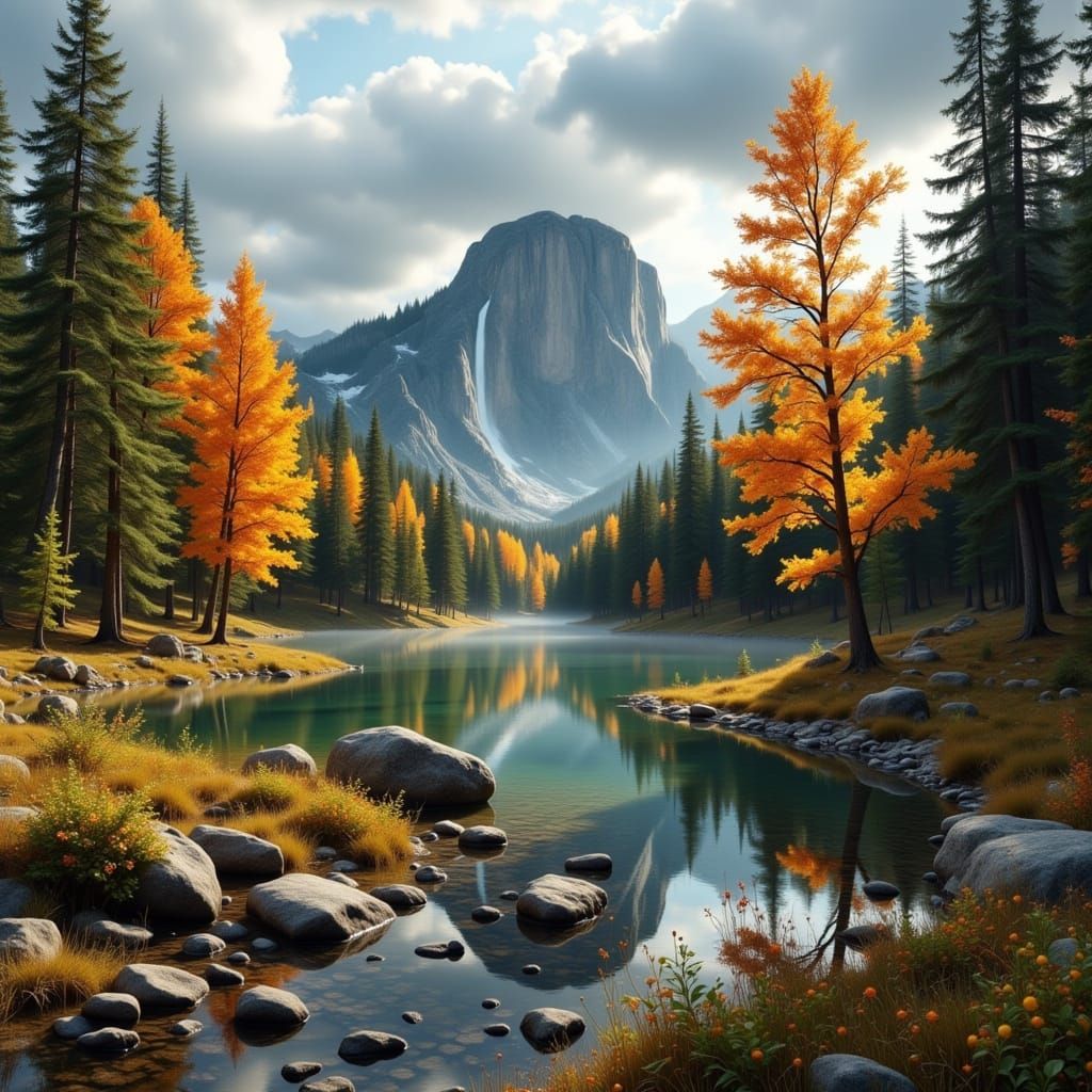 Autumn Forest Landscape with Waterfall and Lake