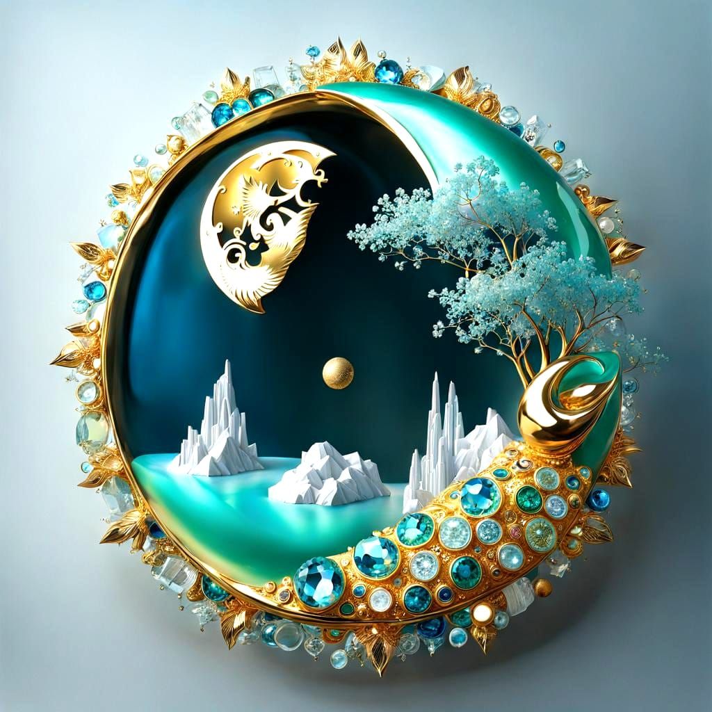 Surreal Crystal Moon Creation in Gold and Silver