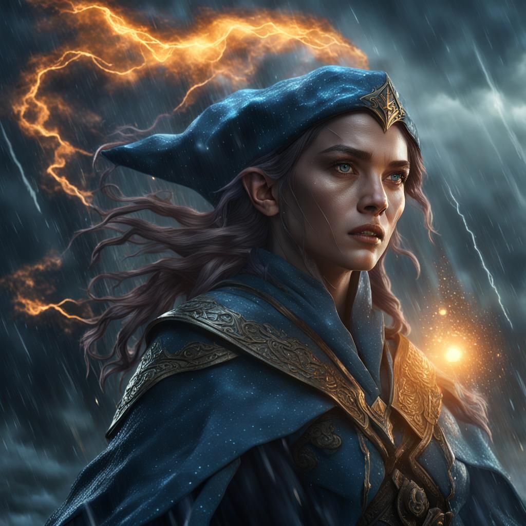 Elf Wizard Casting Spell in Storm, Detailed Art