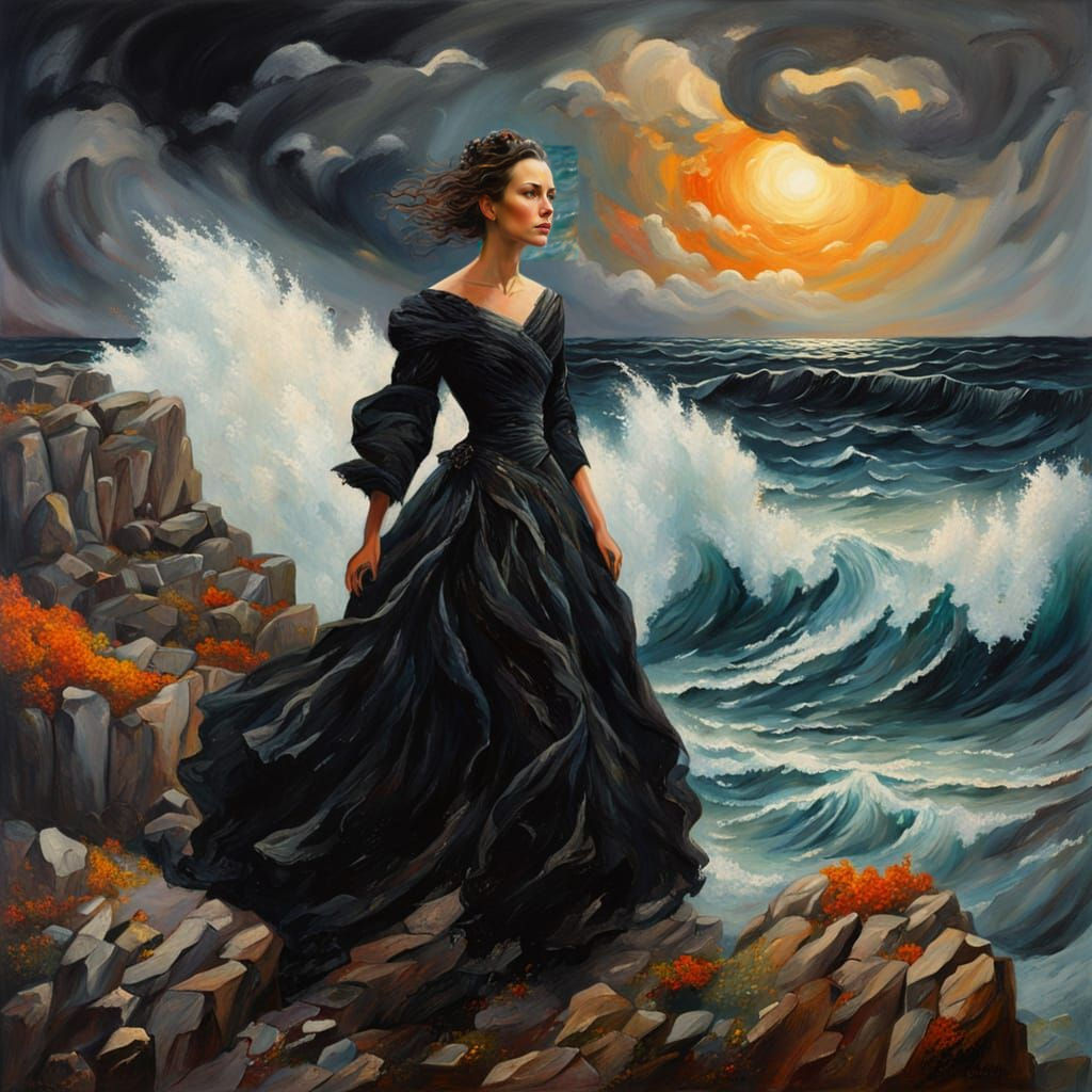 Woman on Cliffs in Storm, Scratchy Oil Painting