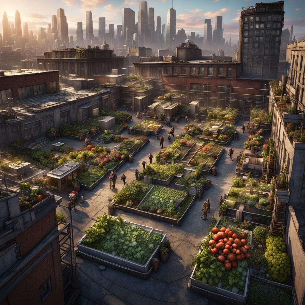Rooftop Garden Oasis in Apocalyptic City, Detailed Digital A...