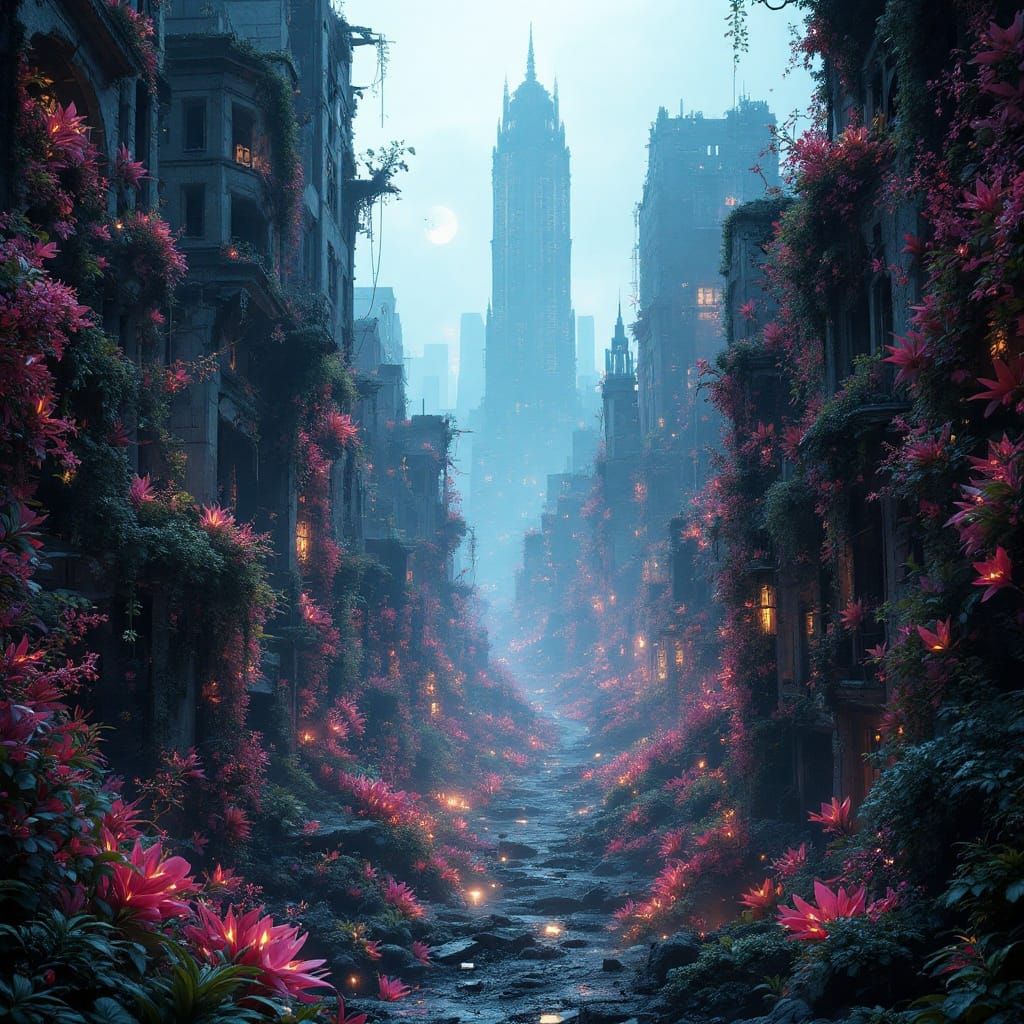 Post-Apocalyptic Cityscape in Ethereal Bloom