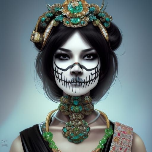 Jade Geisha Skeleton Portrait in Hyperdetailed Style