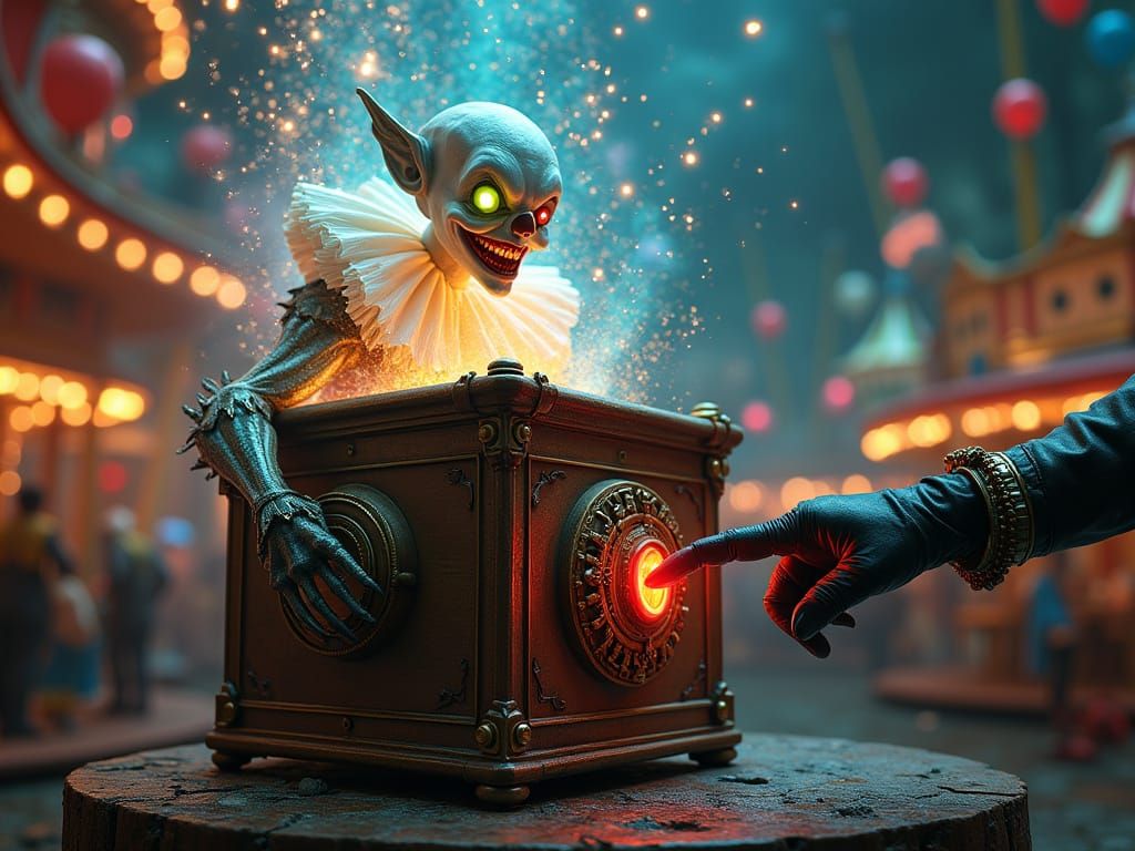 Ethereal Clown Emerges from Antique Jack-in-the-Box in Whims...