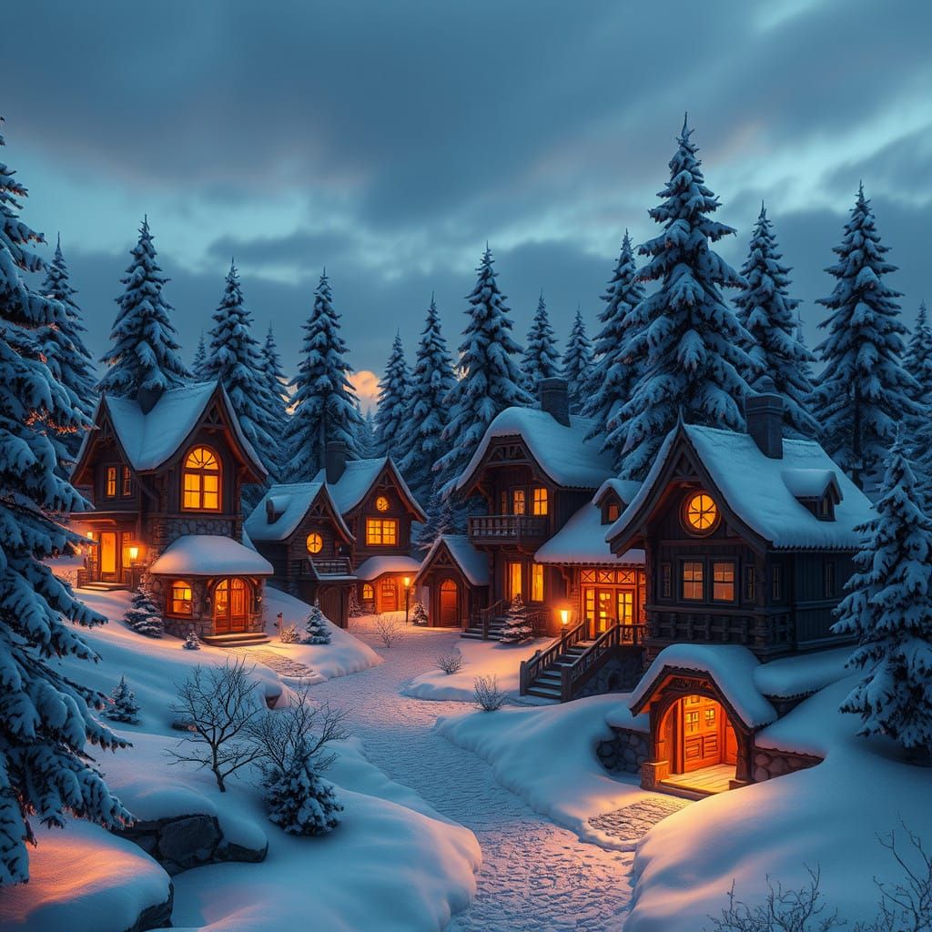 Whimsical Snow-Covered Village Enchants at Dusk in Cinematic...