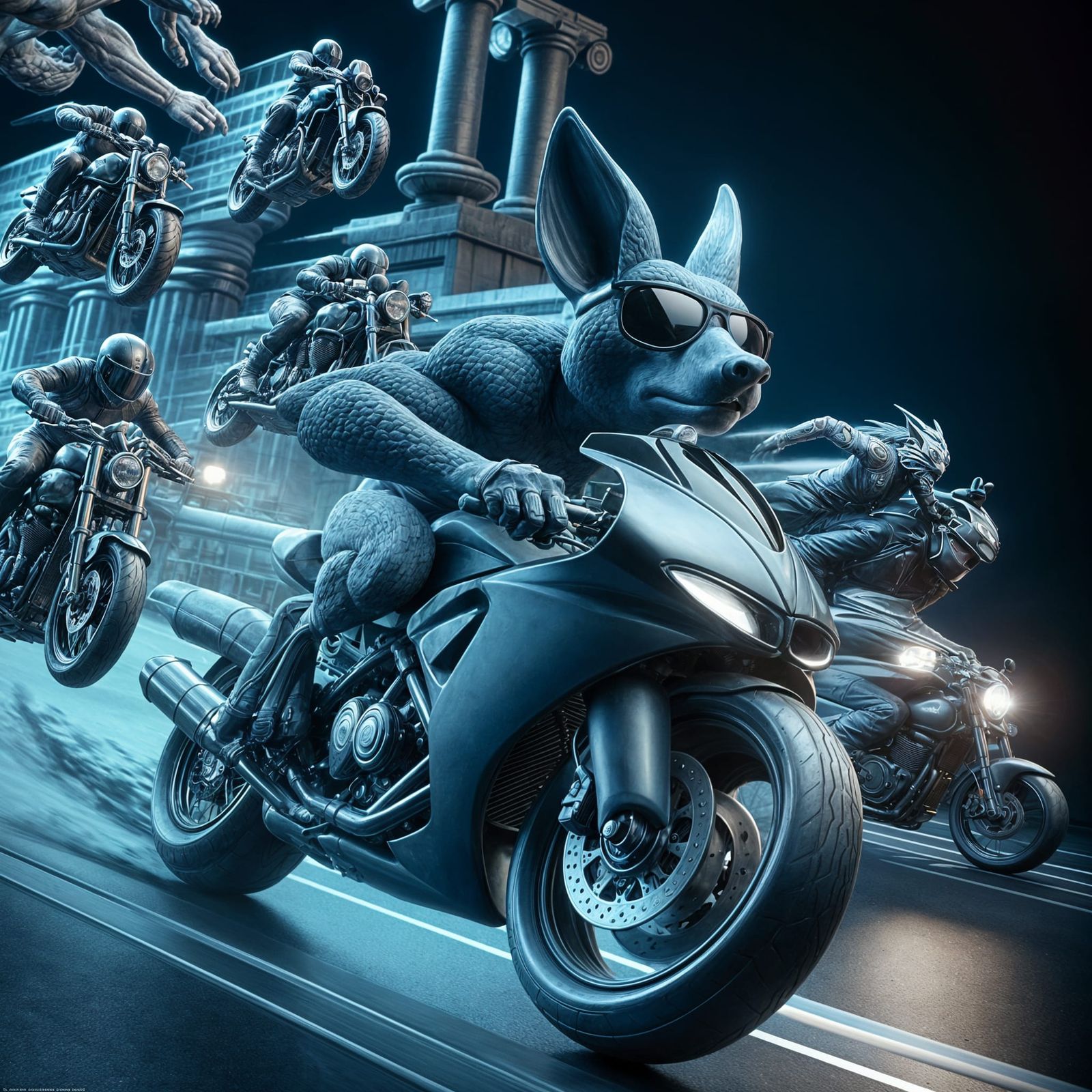 Blue Animal on Motorcycle in Surreal Sculpture Style
