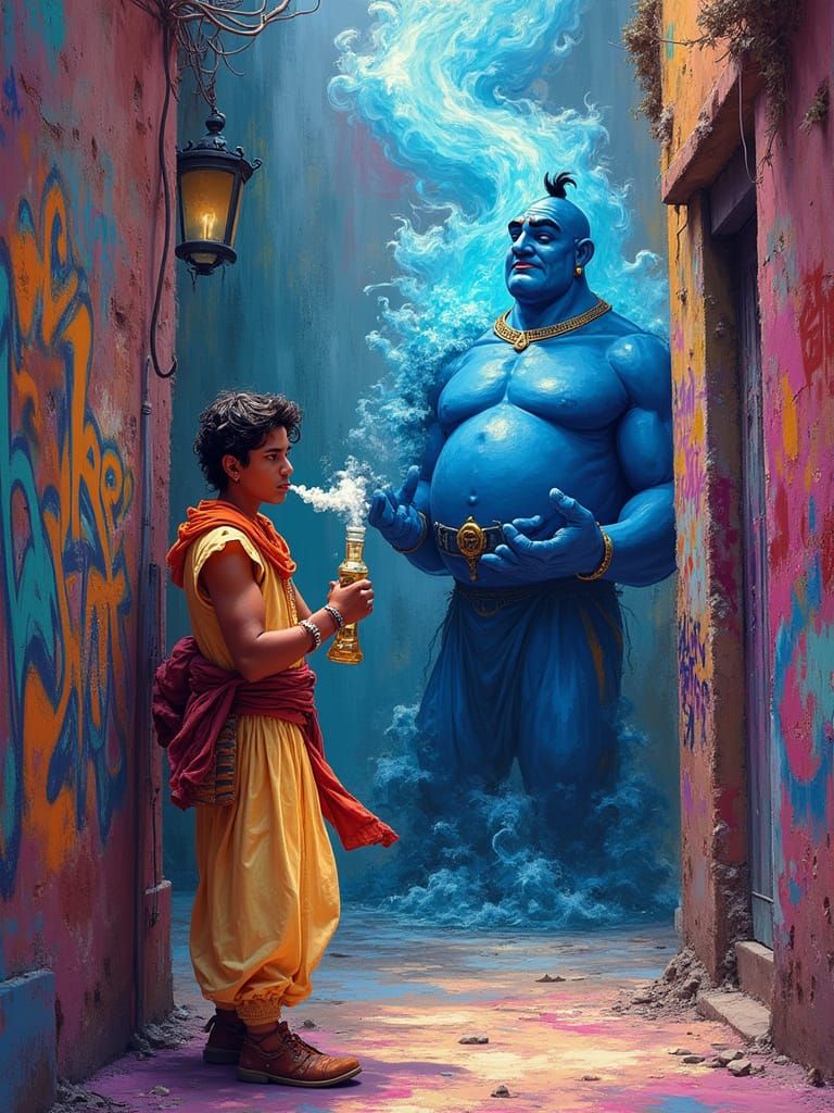 Aladdin Smoking with Genie in Graffiti Art Style