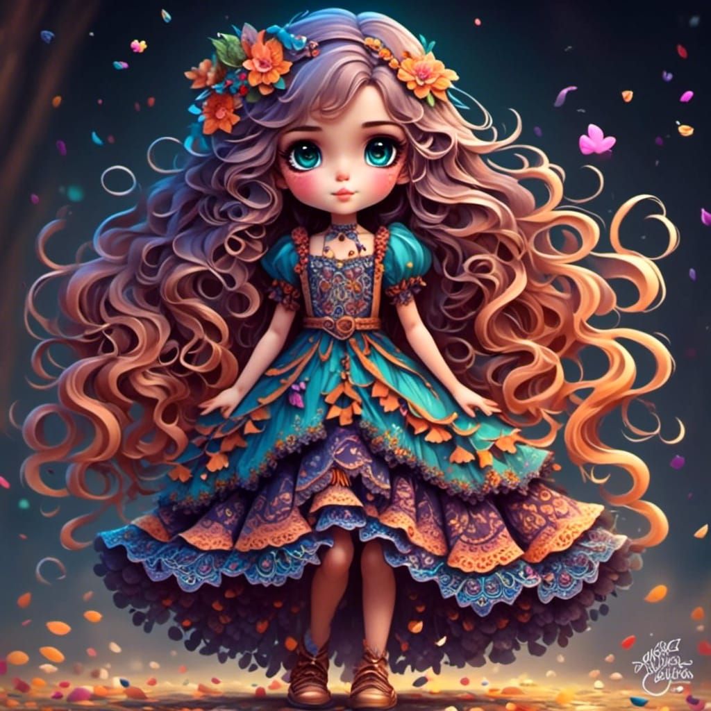Chibi Boho Witch Girl with Flowing Lace Dress