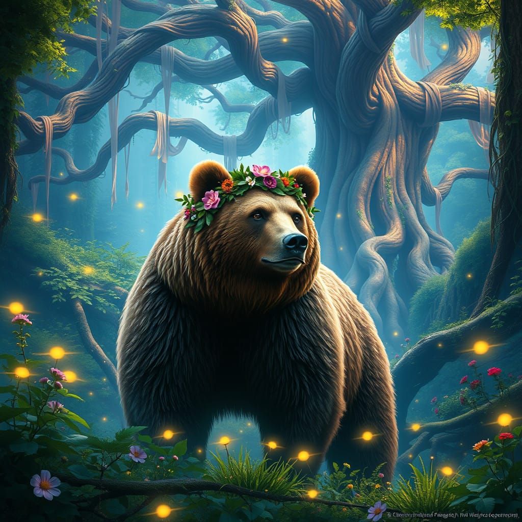 Regal Grizzly Bear Reigns in Vibrant, Mystical Forest