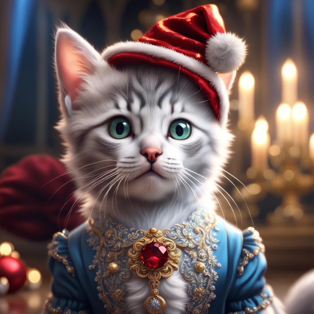Kitten in Rococo Dress with Christmas Hat