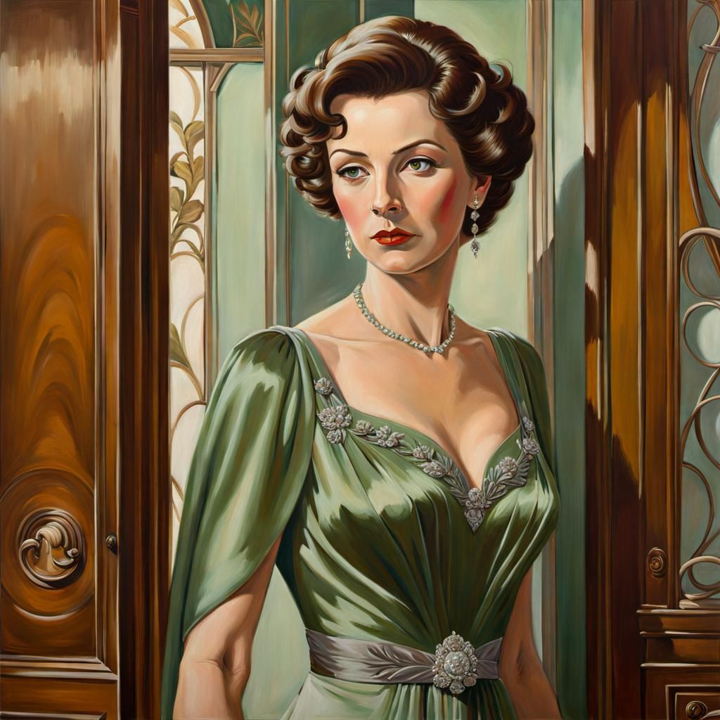 Elegant Woman in Green Gown: Art Nouveau Portrait