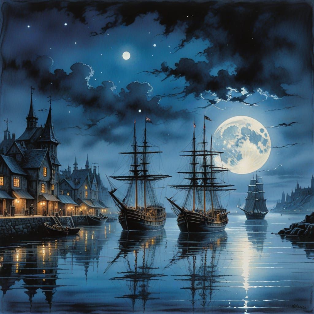 Mystical Harbour Scene Under Full Moonlight