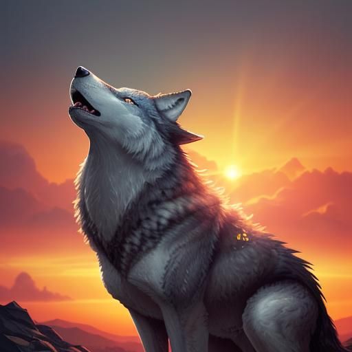 Hyperrealistic Wolf Howling at Colorful Sunset