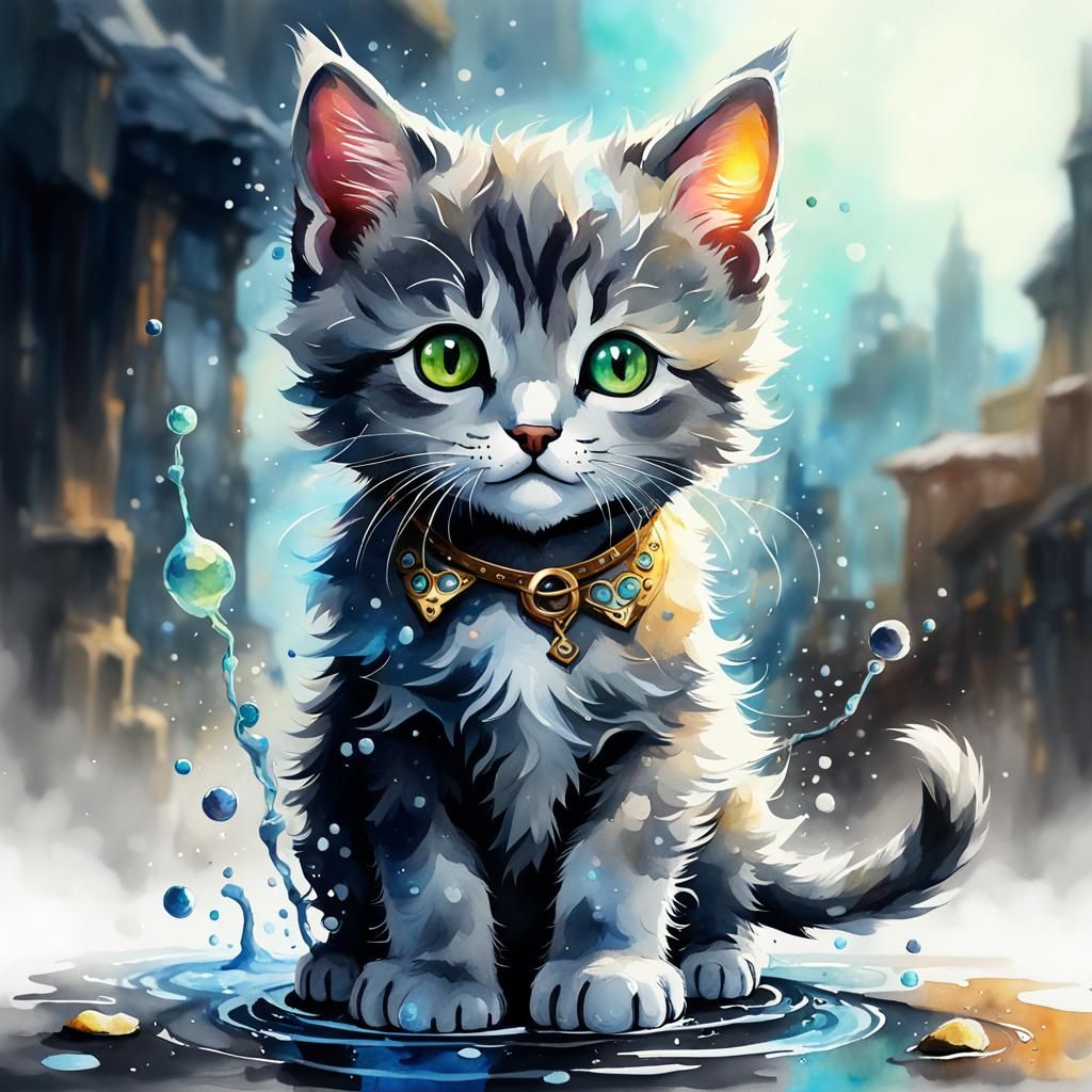 Adorable Kitten in Watercolor, Detailed Fantasy Art