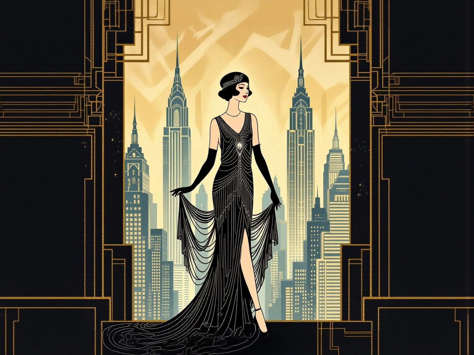 Art Deco Cityscape with Elegant Flapper Lady