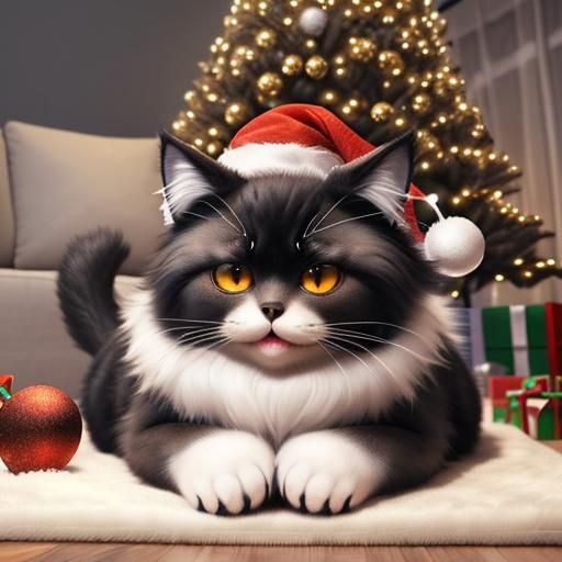 Adorable 3D Fluffy Cat Among Christmas Lights