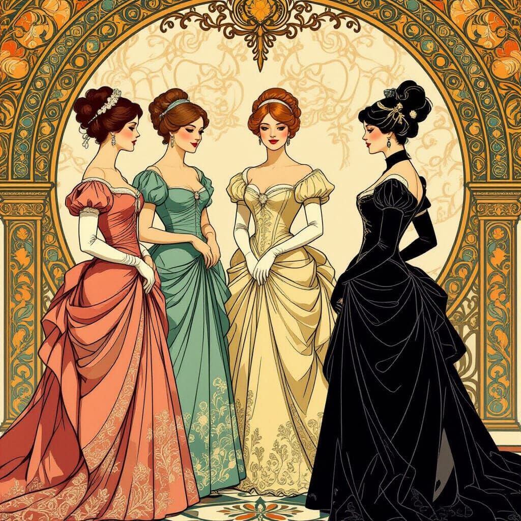 Elegant Noblewomen in Ornate Ballroom: Art Nouveau Style