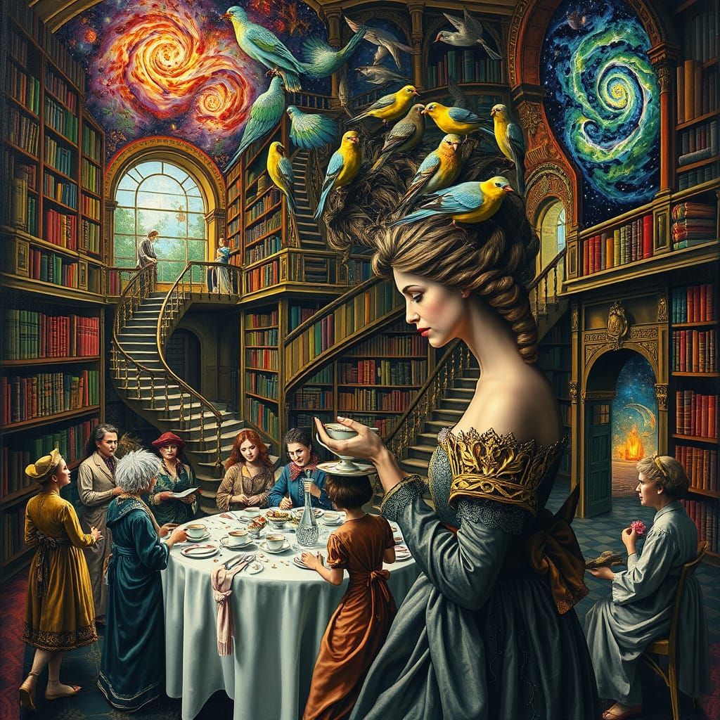 Surreal Tea Party in Galactic Library: Dreamlike Art