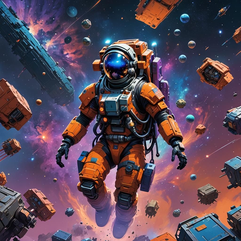 Astronaut in Mecha Bag Navigating Galaxy as Matte Painting