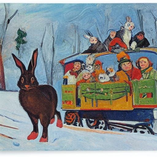 Jolly Rabbits Ride a Winter Train in Bilibin & Soutine Style