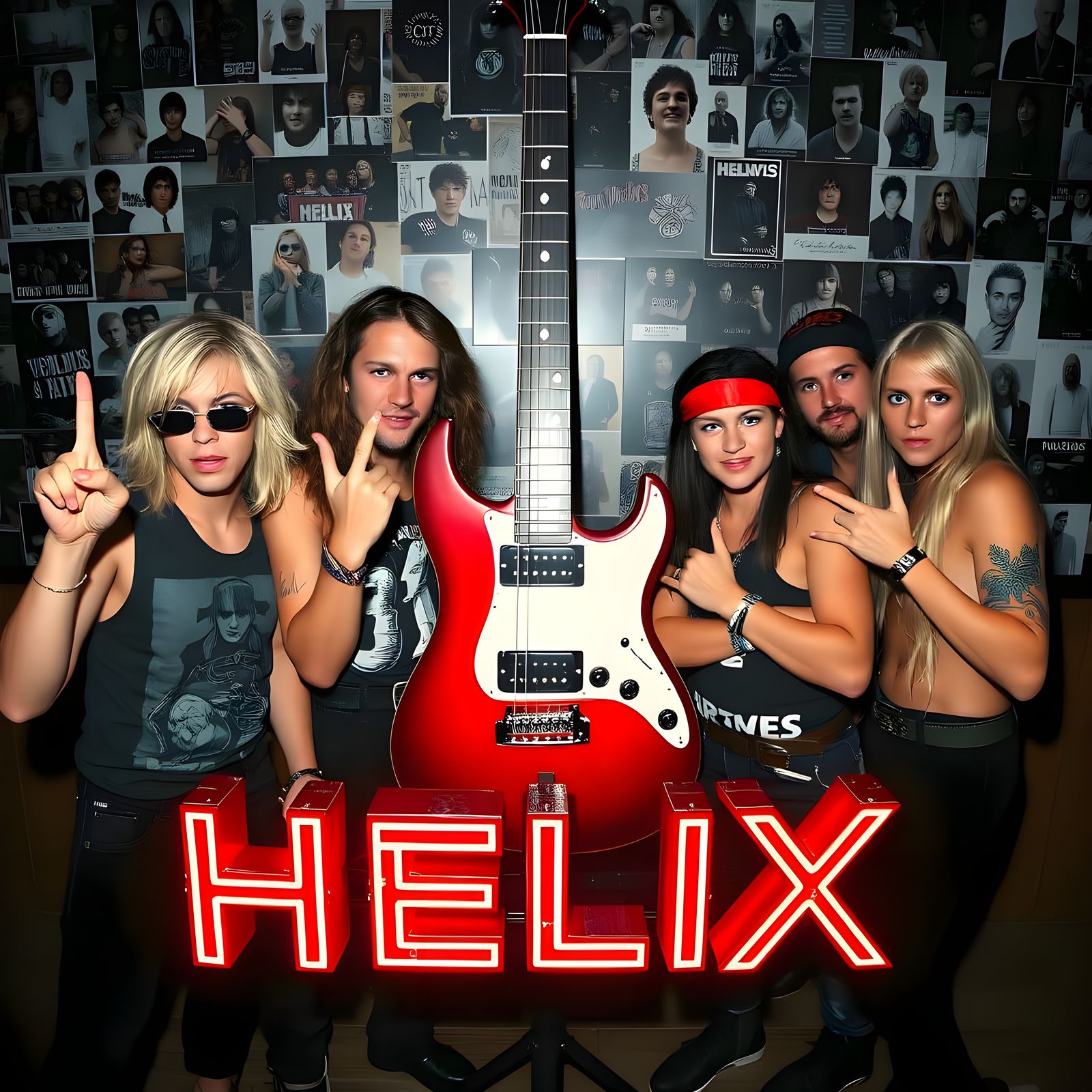 The 80s Rockband Helix together they are in their 20s and lead singer has sunglasses blonde hair to his shoulders and b...