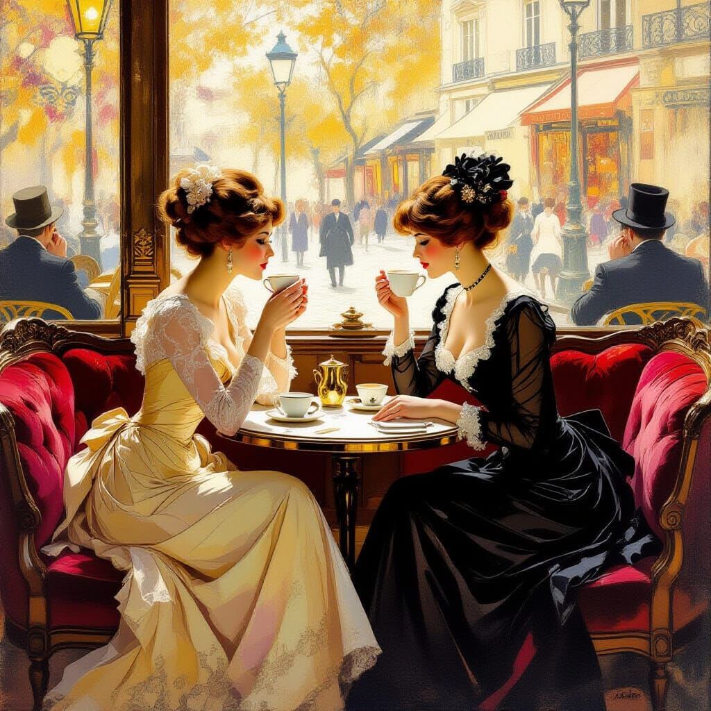 Edwardian Ladies in Parisienne Cafe, Alphonse Mucha Style