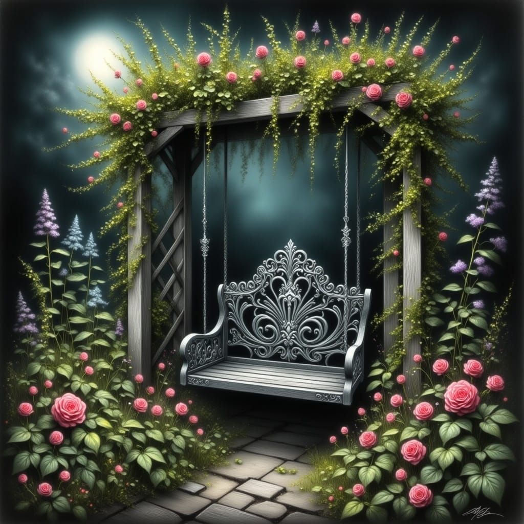 Enchanted Iron Swing Set Under Trellis in Ethereal Style