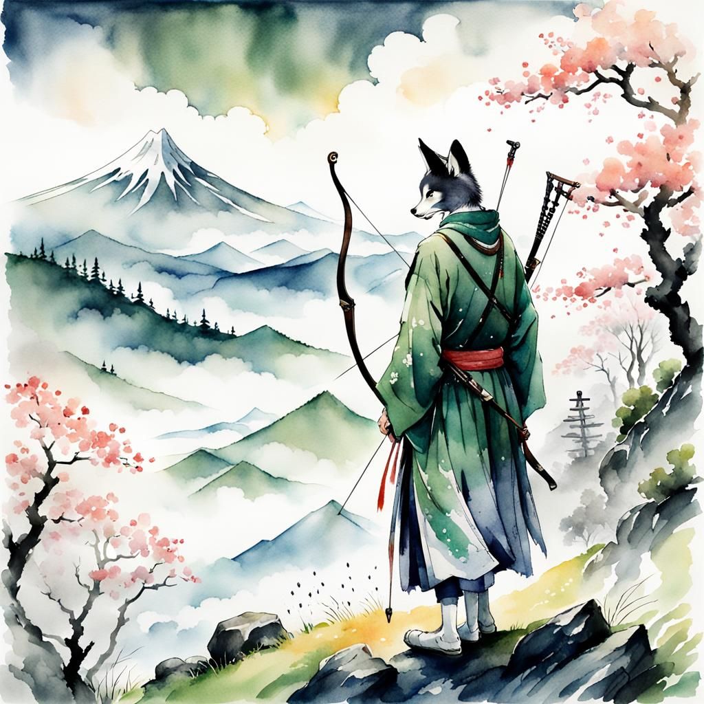 Kitsune Archer on Misty Peak in Watercolor Style