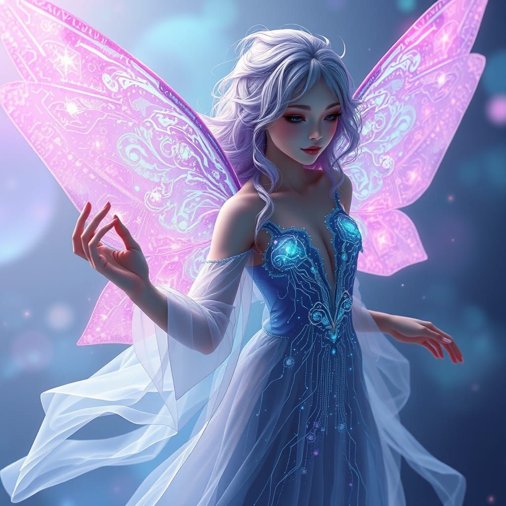 Cyber-Fairy in Shimmering Digital Dreamscape