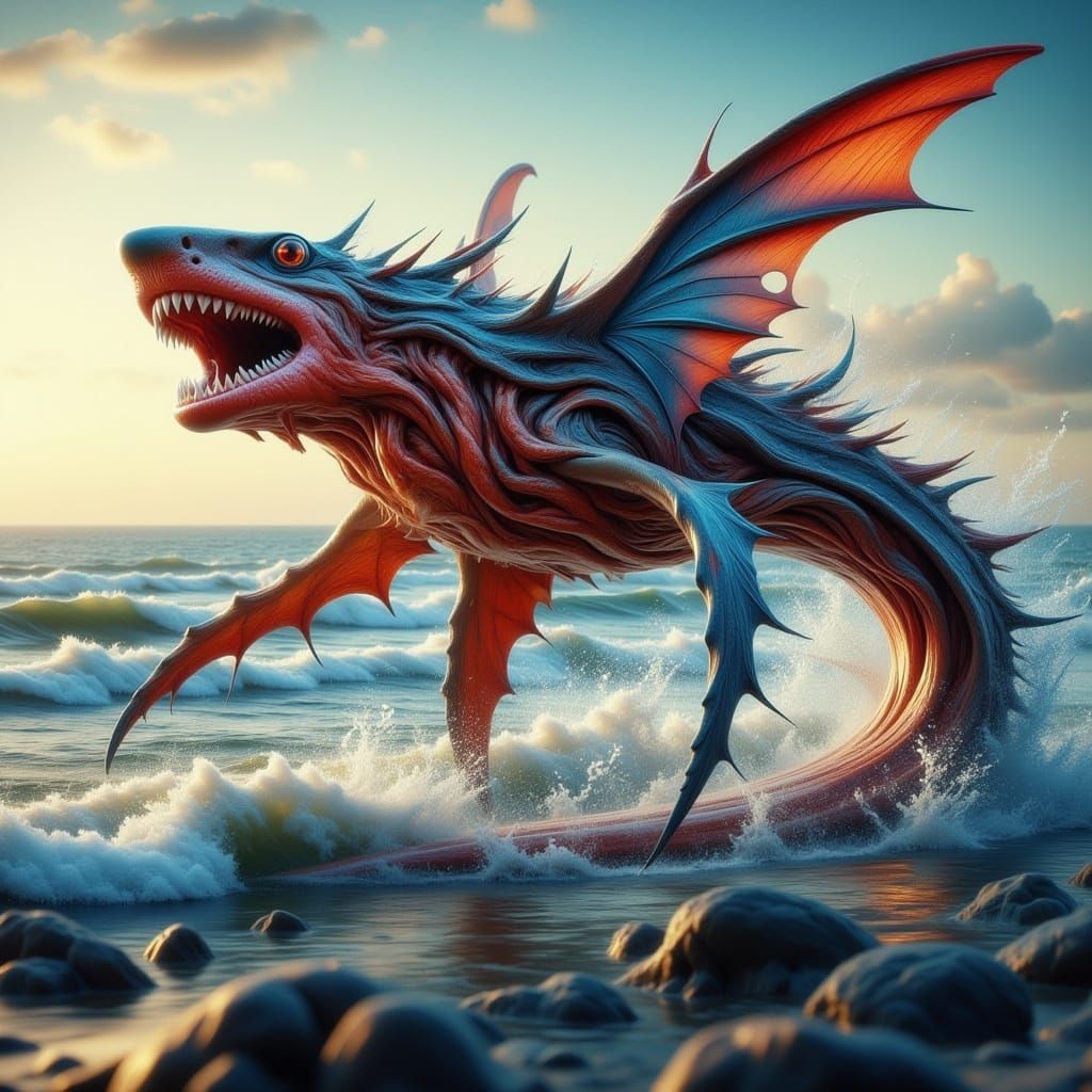 Hyperrealistic Flying Shark with Serpentine Body and Glowing...