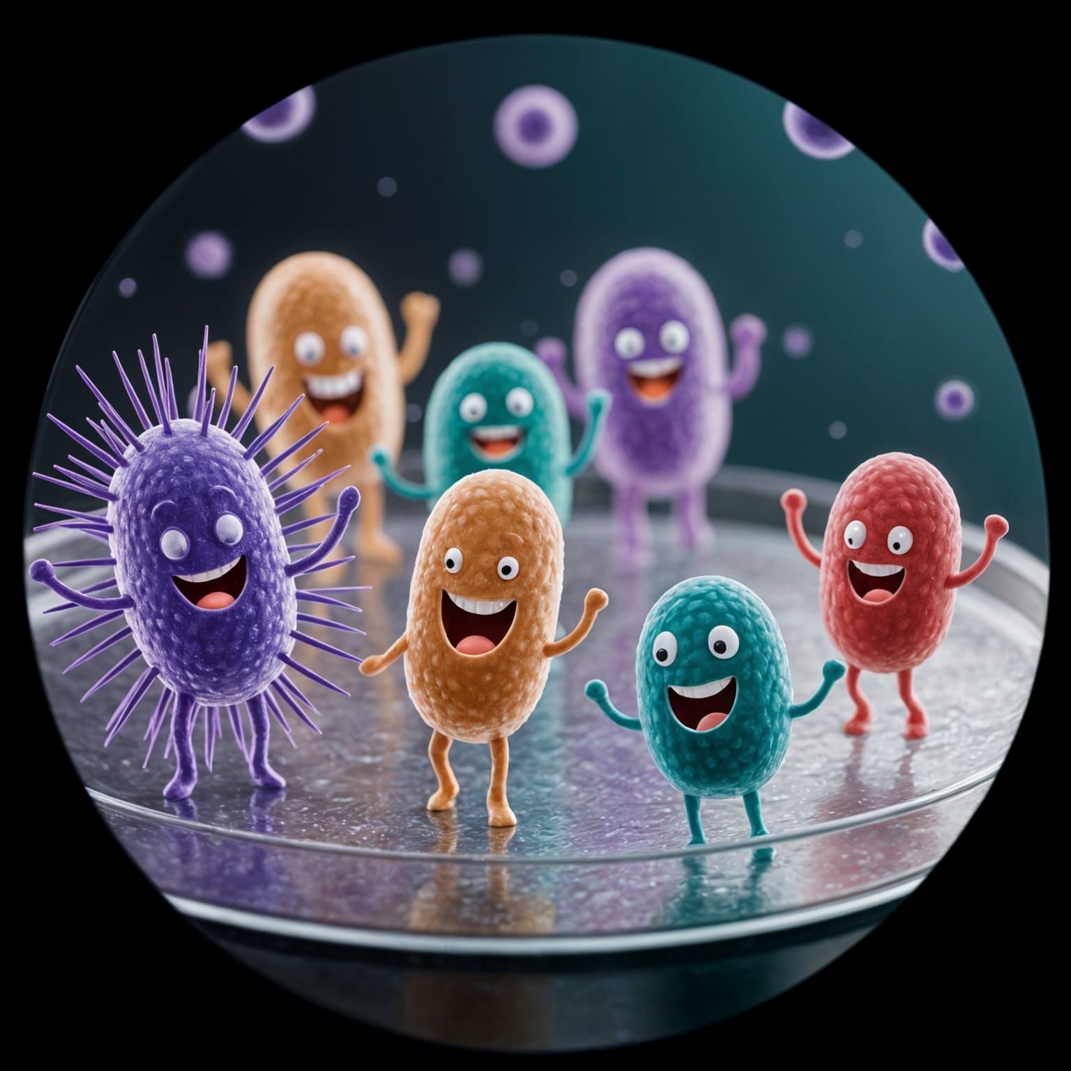 Cheerful Microbes Dancing in Petri Dish - Photorealistic
