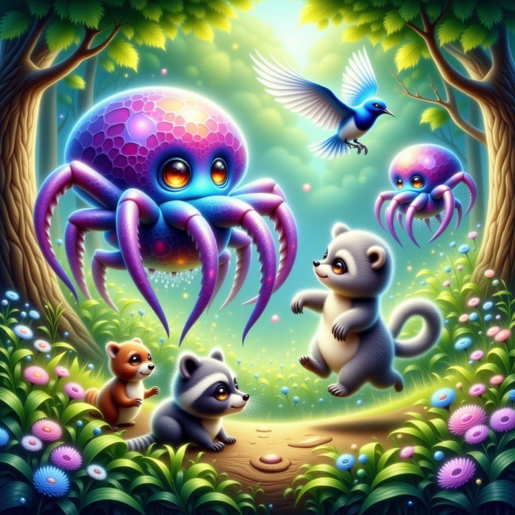 Whimsical Toronto Forest Scene with Iridescent Spider-Octopi...