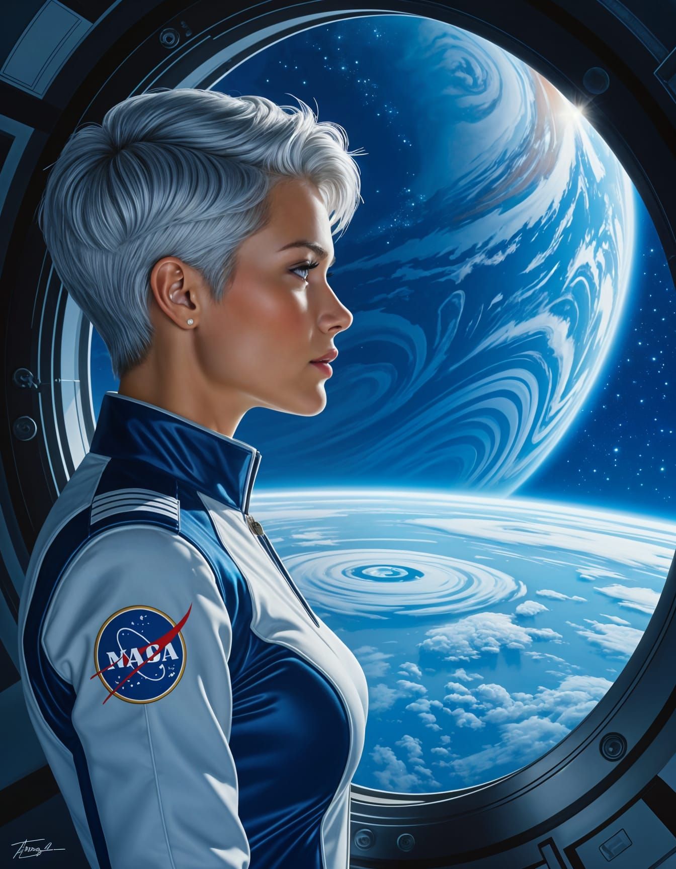 Space Commander Portrait Overlooking Earth in Hyperrealistic...