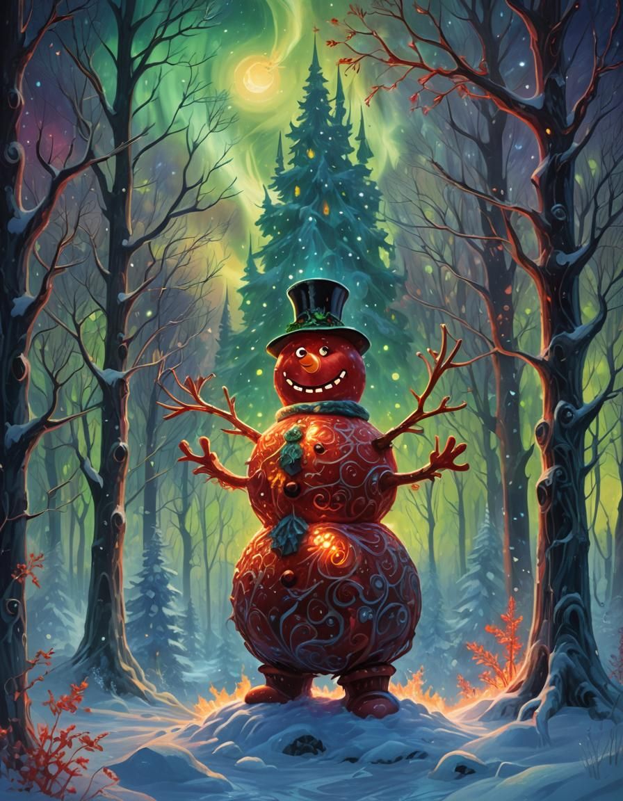 Fiery Snowman in Frozen Forest, Dreamlike Digital Art